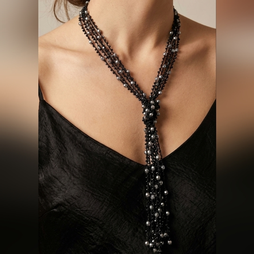 Handmade 24" Black Crocheted Beaded Lariat Necklace Boho Tassel